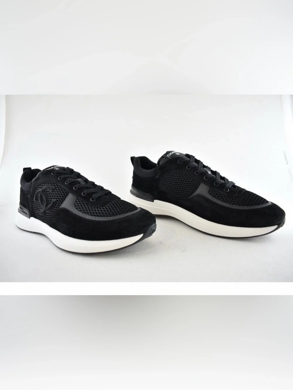 CHANEL Calfskin Mesh Lycra Suede Womens Logo Sneakers ⭐️size 38 AUTHENTIC